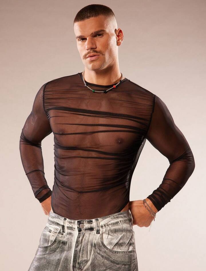 Men's Solid Color Mesh Round Neck Long Sleeve Jumpsuit See Through Top Men